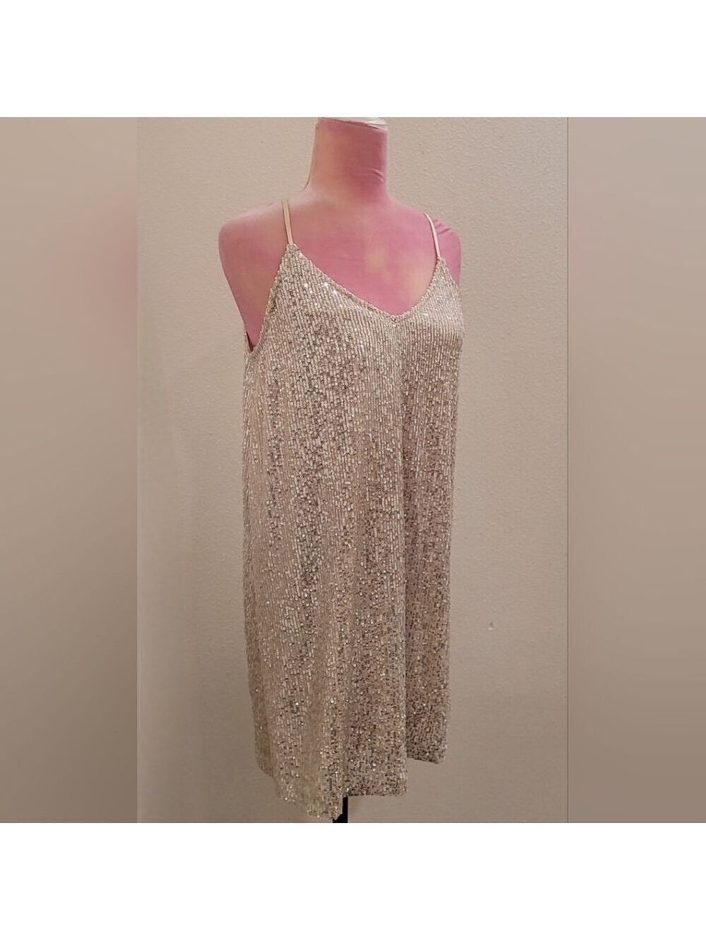 Millibon Silver Sequin Mini Dress Spaghetti Strap V-Neck Sz Large